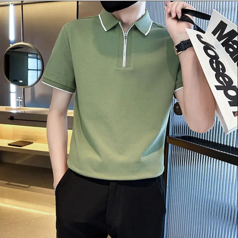 Fashion Casual POLO Shirts Mne's Summer Short Sleeve Slim Lapel Zipper T-shirts Tee Tops Business Social Streetwear Men Clothing image 4