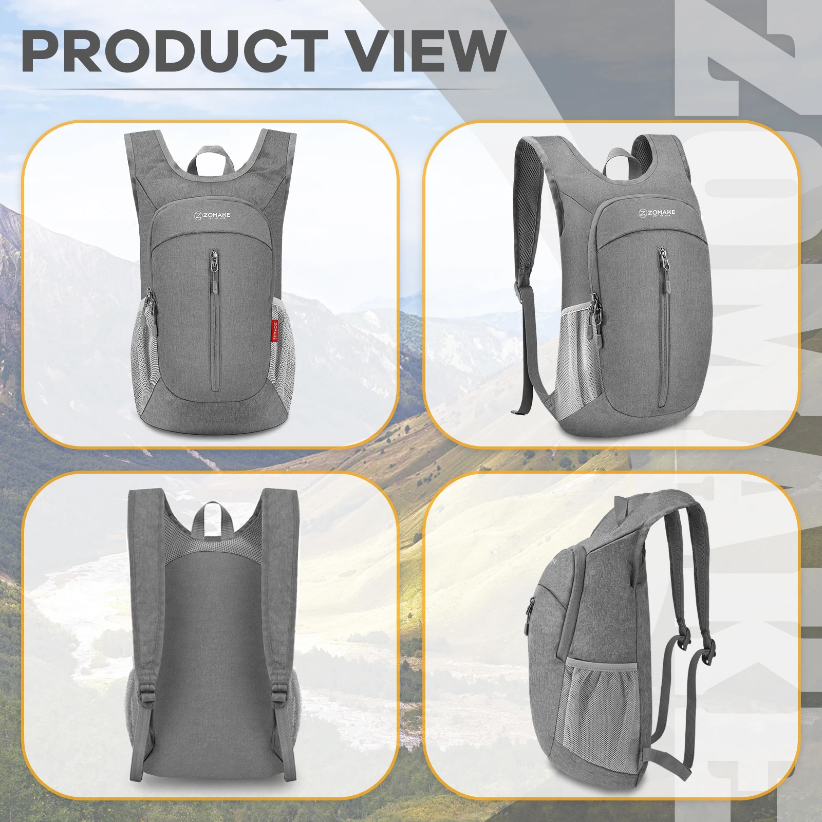 10L Foldable Waterproof Sports Grey Backpack for Outward Travel Neutral Design Outdoor Mountaineering Camping Day Bag