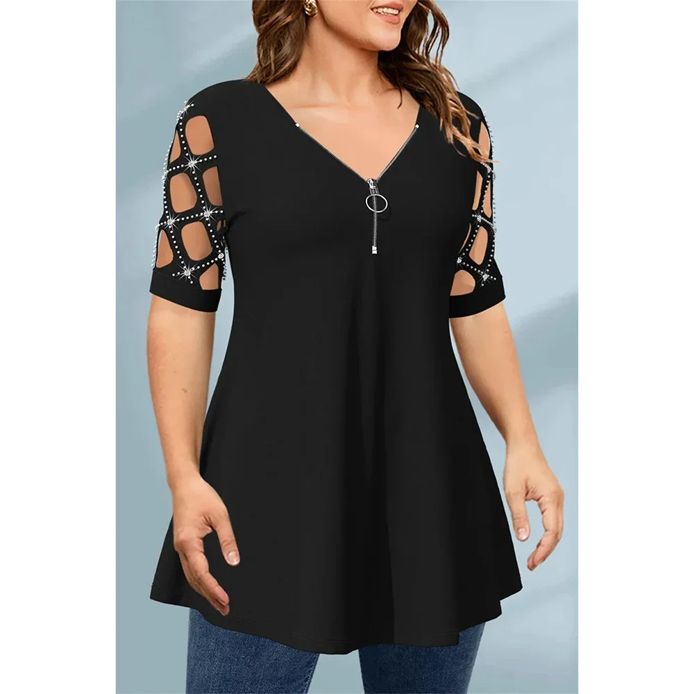 Plus Size Casual Black Zipper Cut Out V Neck Blouse Hollowed Half Sleeve Tops