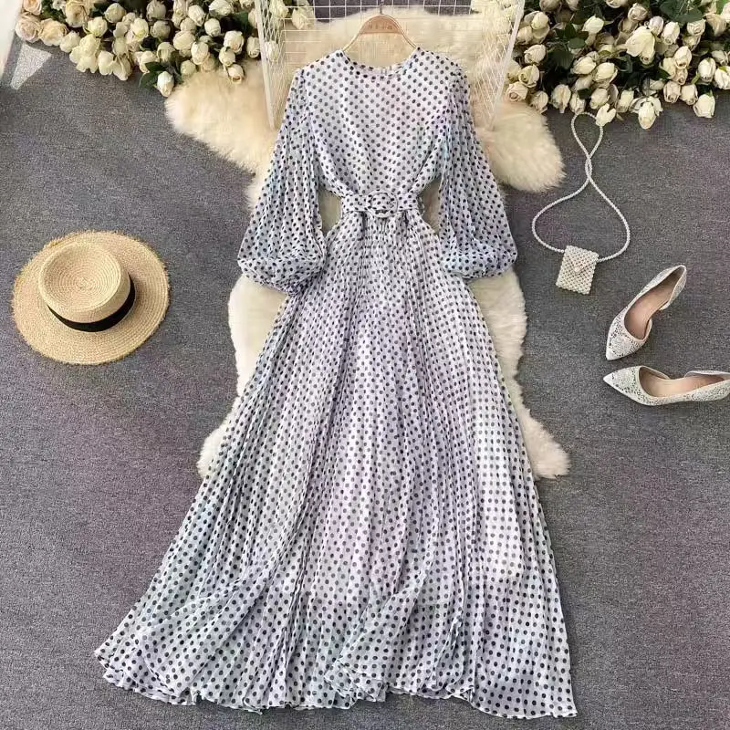 [ZOCI] French Light Mature Style Round Neck Wave Dot Women's Flowing Mesh Dress Waist Wrapped To Show