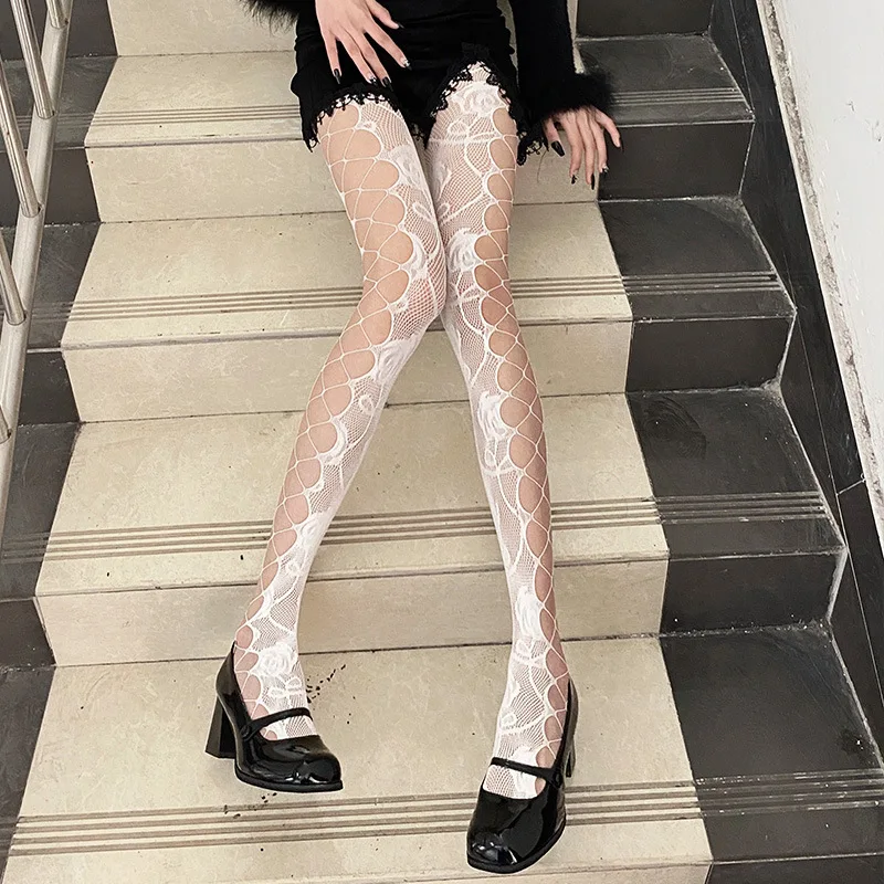 Fishnet Stockings Butterfly Roses Floral Hollow Out Sexy Suspender Pantyhose Woman Irregular Gothic Hot Girl Black Stockings