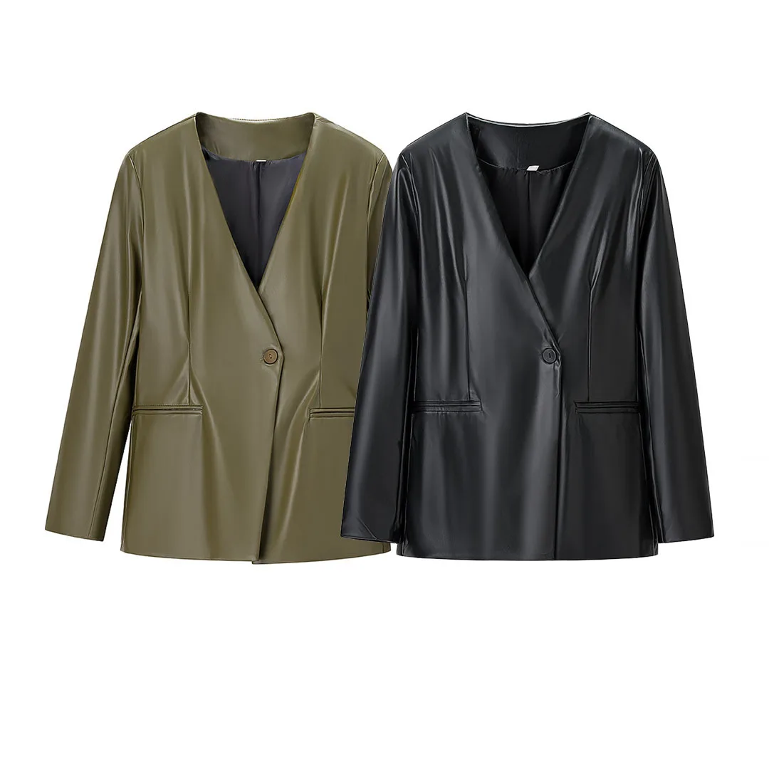 

Vintage Leather V Neck Single Button Gathered Waist Blazers Jackets Autumn Fashion Women's High Street Office Lady Streetwear