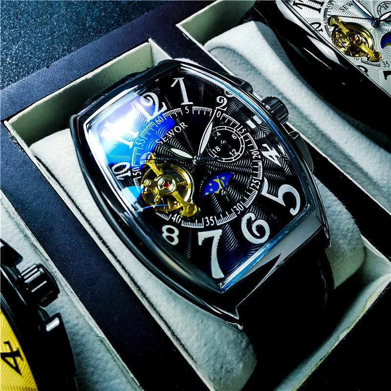 Stainless Steel New Tonneau Skeleton Luminous Waterproof Self-Wind Automatic Mechanical Watch for Men