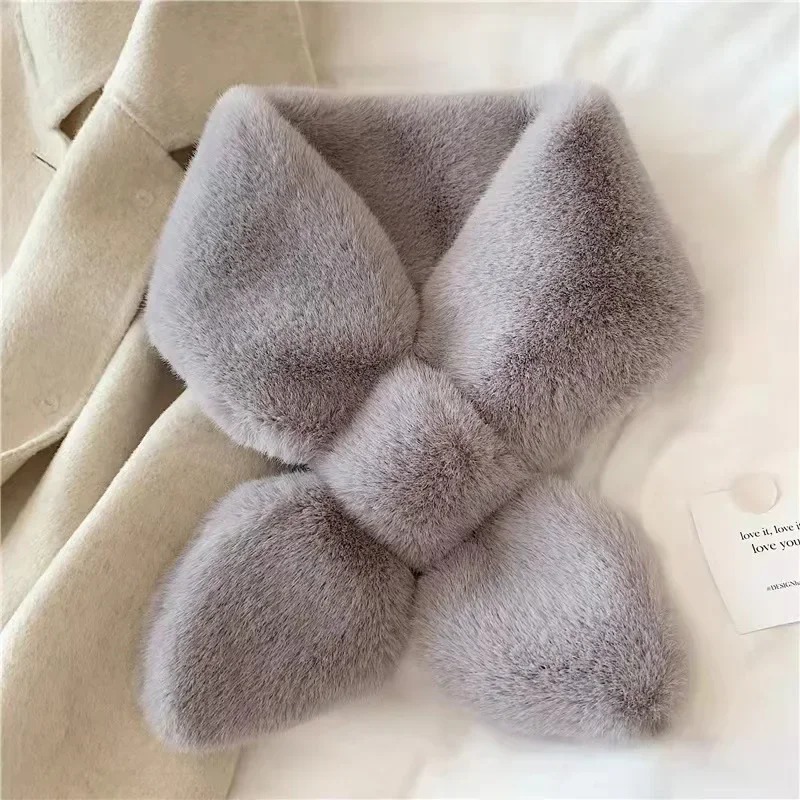 2021 New Scarf Korea Lady Style Solid Color Warm Imitation Rabbit Fur Cross Scarf Plush Fur Collar Fake Collar