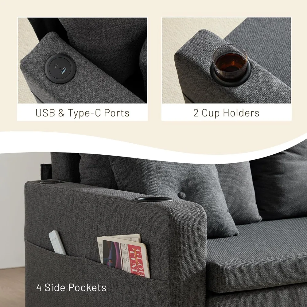 Sofá-cama 3 em 1, sofá removível conversível de 56 polegadas, sofá-cama com porta-copos, USB, sofás para sala de estar