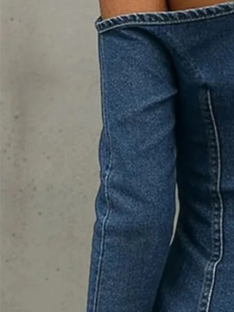 

European American Style Denim Off-shoulder Top for Women Oblique Collar Long Sleeve Metal Ring Cut Out Blouses Slim T-shirt