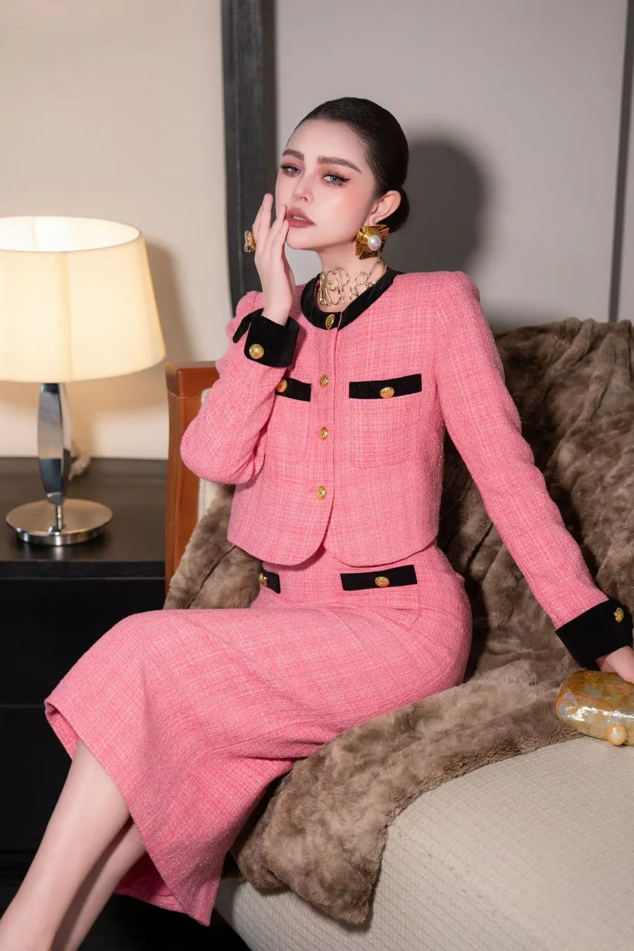 ZJYT Autumn Winter Tweed Woolen Jacket Suit with Skirt Two Pieces Womens Outfit Pink Elegant Long Sleeve Party Dress Sets Female