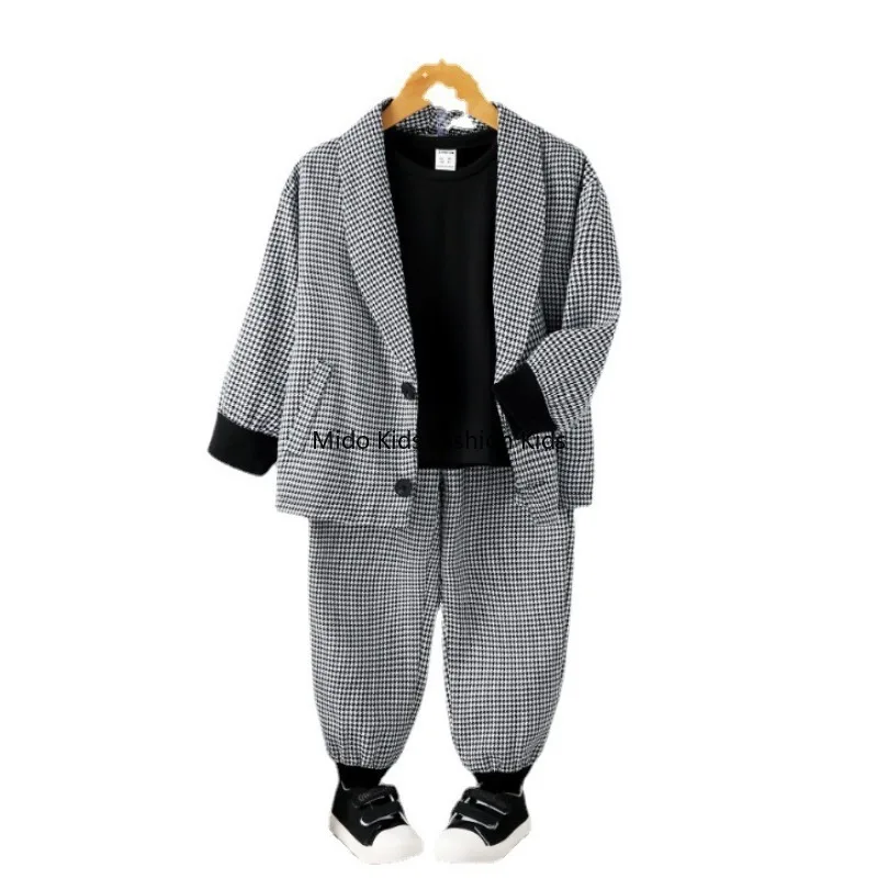 Boys Plaid Suit Set Long Sleeve Jacket and Jogger Pants Kids Autumn Winter Outfit 4Y  5Y 6Y 7Y