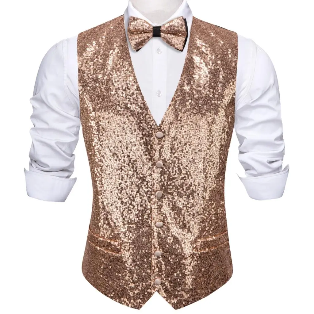 Designer Vest for Men Silk Shine Champagne Rose Gold Solid Plain Waistcoat Bowtie Set Wedding Party Sleeveless Jacket Barry Wang