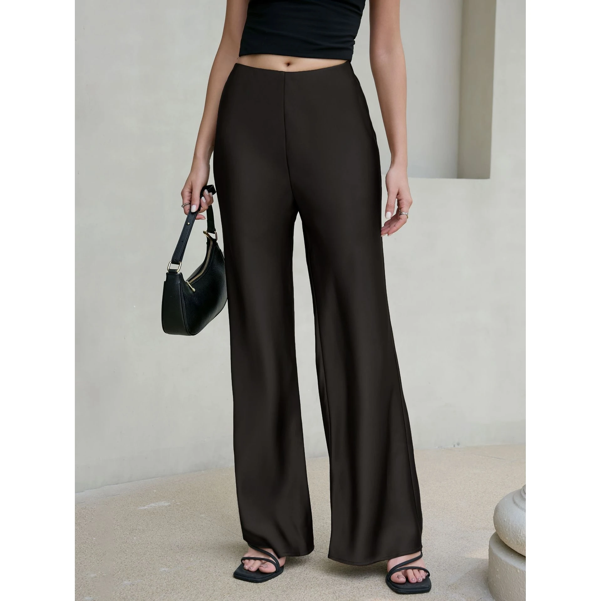 High Waist Drapey Straight Leg Acetate Satin Women's Wide Leg Pants Premium Feel Premium Quality Straight Cut Trousers
