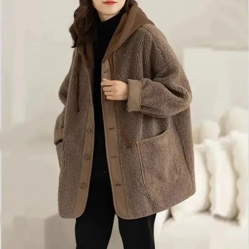 Koreanische Damen Join Together Kapuzen-Lamm-Plüschjacke, Herbst-Winter, weiblich, mittellang, Stile, Mantel, große Baseball-Outwear