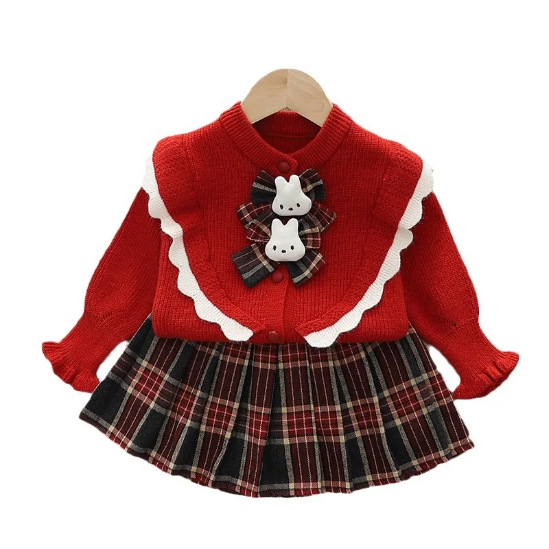 Autumn Winter Toddler Girl Two Piece Clothes Set Knotbow Red Sweater Cardigan Suit Knitted Plaid Pleated Skirts Baby Girl Outfit