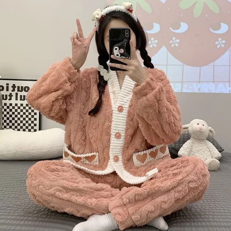 

Women Autumn Winter Pajamas Girls' Flannel Thickened Warm Loungewear Coral Fleece Student Homewear Two Piece Set Sweet Sleepwear