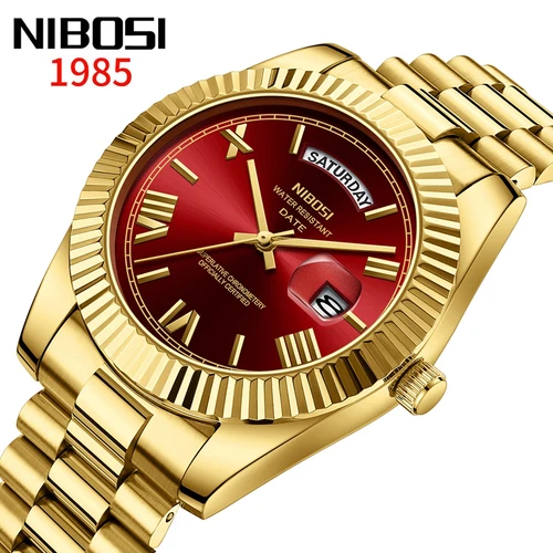 Marca NIBOSI, Reloj de cuarzo rojo dorado de lujo para Hombre, acero inoxidable, resistente al agua, luminoso, fecha, semana, relojes de moda para Hombre, Reloj para Hombre