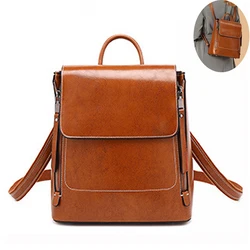 Oil Wax Genuine Leather Female Backpack Rucksack Shoulder School Book Bag Girl Women Daypack Knapsack Cross body Bags