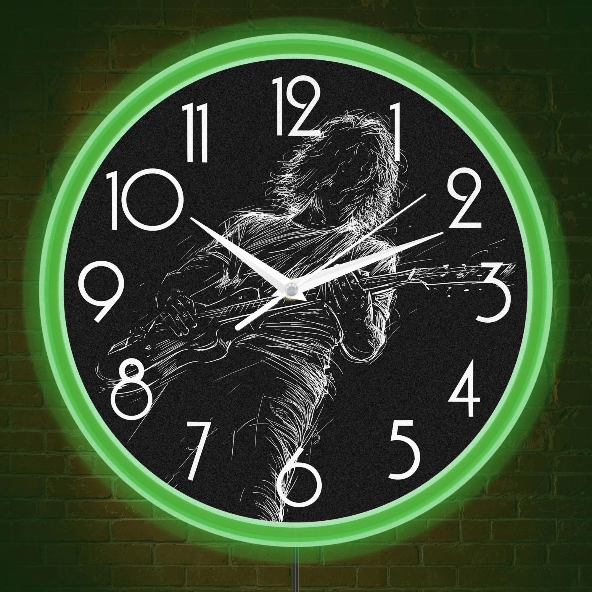 Rock Band Guitarist Line Drawing Neon Wall Clock Glow in Dark Guitar Player Music Studio Illuminated Sign Night Light Wall Clock