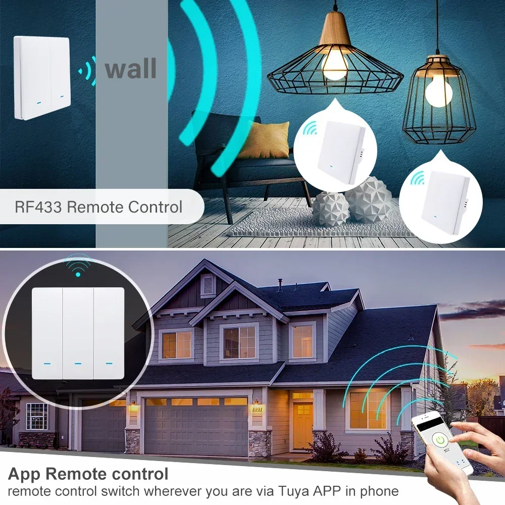 Tuya Smart Life WiFi 433mhz Wireless Push Button Wall Switch Google Home Light On Off 220V RF433 Remote Control EU UK Two 3 Way