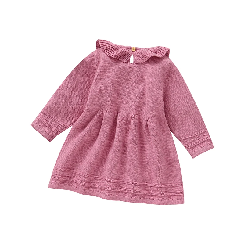 Solid Color Doll Collar Long Sleeve Baby Girls Knee-length Dresses Knitted Acrylic 6-36 Months Infant Soft Princess Skirts