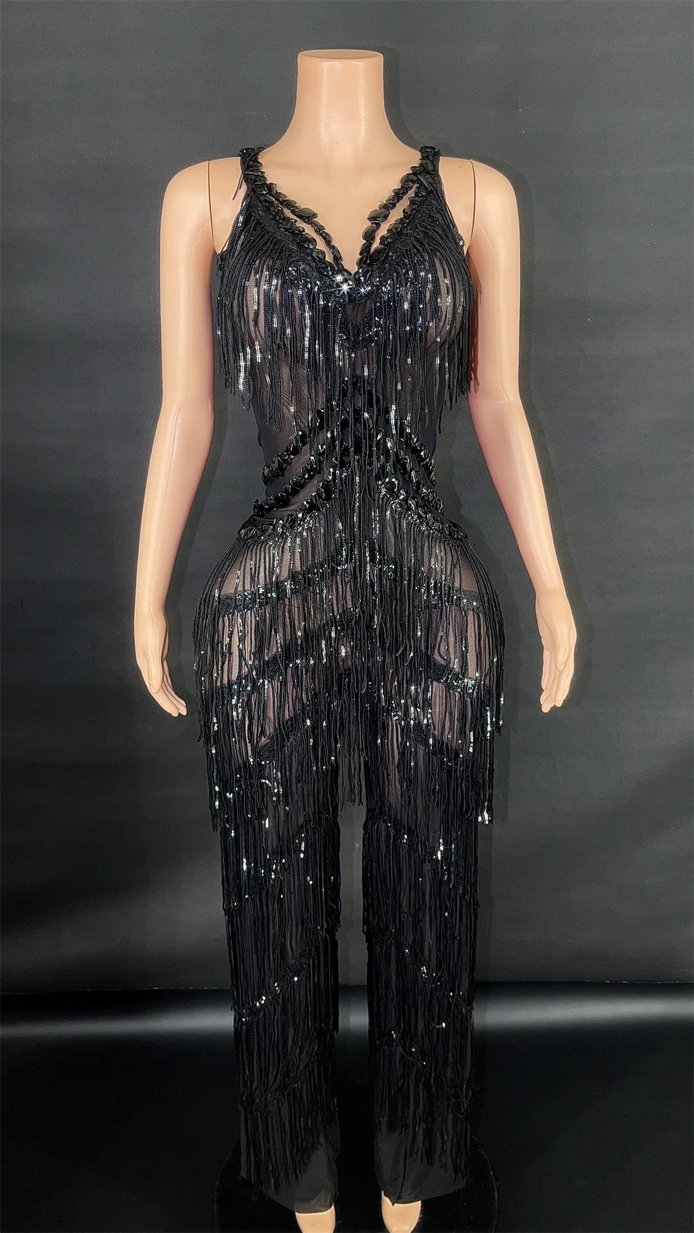 Women's Sparkly Jumpsuit Sexy Mesh Sequins Tassels Performance Dance Costume Nightclub Stage Outfit Banquet Evening Gowns