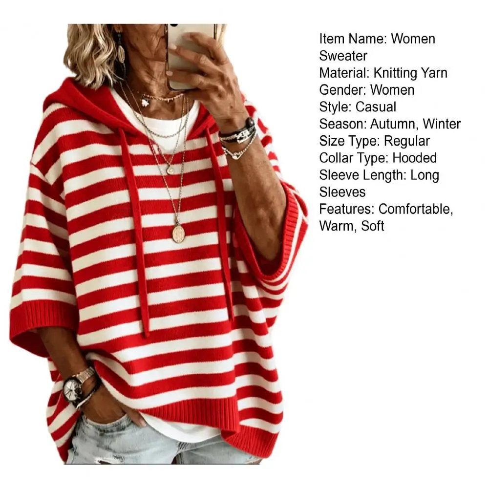 Hooded Pullover Top Women’s Hooded Striped Knit Sweater Loose Half Sleeve Pullover Autumn Winter Drawstring Hoodie for Comfort