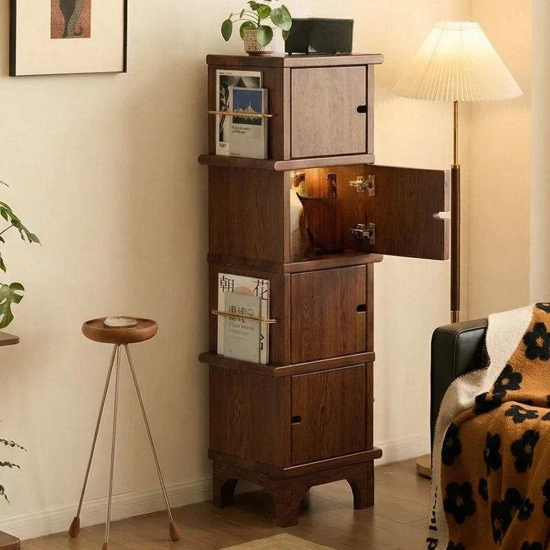 Small side cabinet next to TV cabinet Solid wood bucket cabinet Living room Household floor storage against the wall