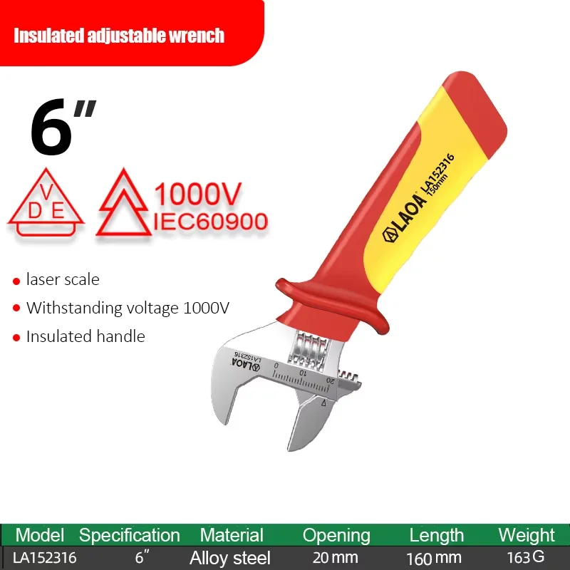 Laoa 8 "/10"/12 "1000V Geïsoleerde Verstelbare Sleutel Universele Spanner Elektricien Onderhoud Handgreep Deksel Handreparatiegereedschap