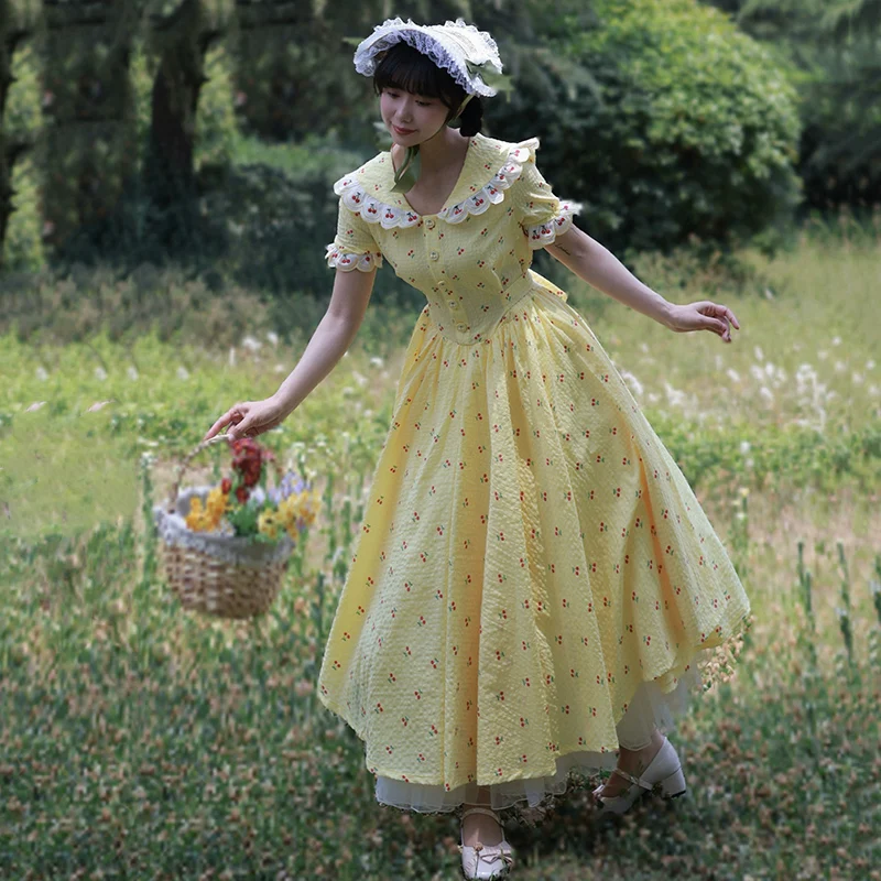 AnXin SH Vintage Prinzessin gelbe Baumwolle Kirschdruck Blumenspitze V-Ausschnitt Kurzarm Knopf Reißverschluss individuelles Abendkleid