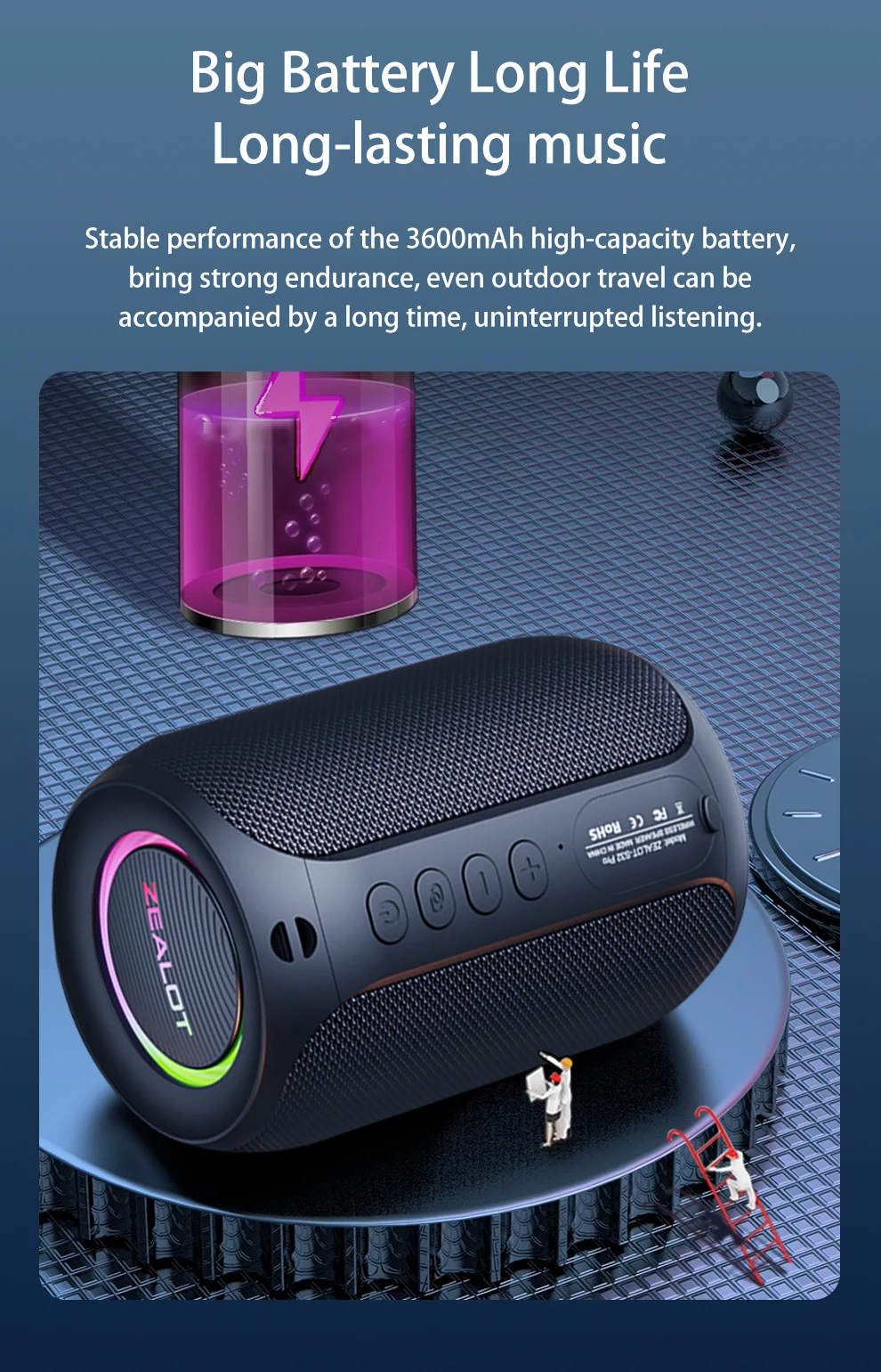 Zealot S32 Pro 15 W kabellose Lautsprecher, Dual-Pairing, 3600-mAh-Akku, 12 Stunden Spielzeit, lautes Stereo, boomender Bass. – Detail 8