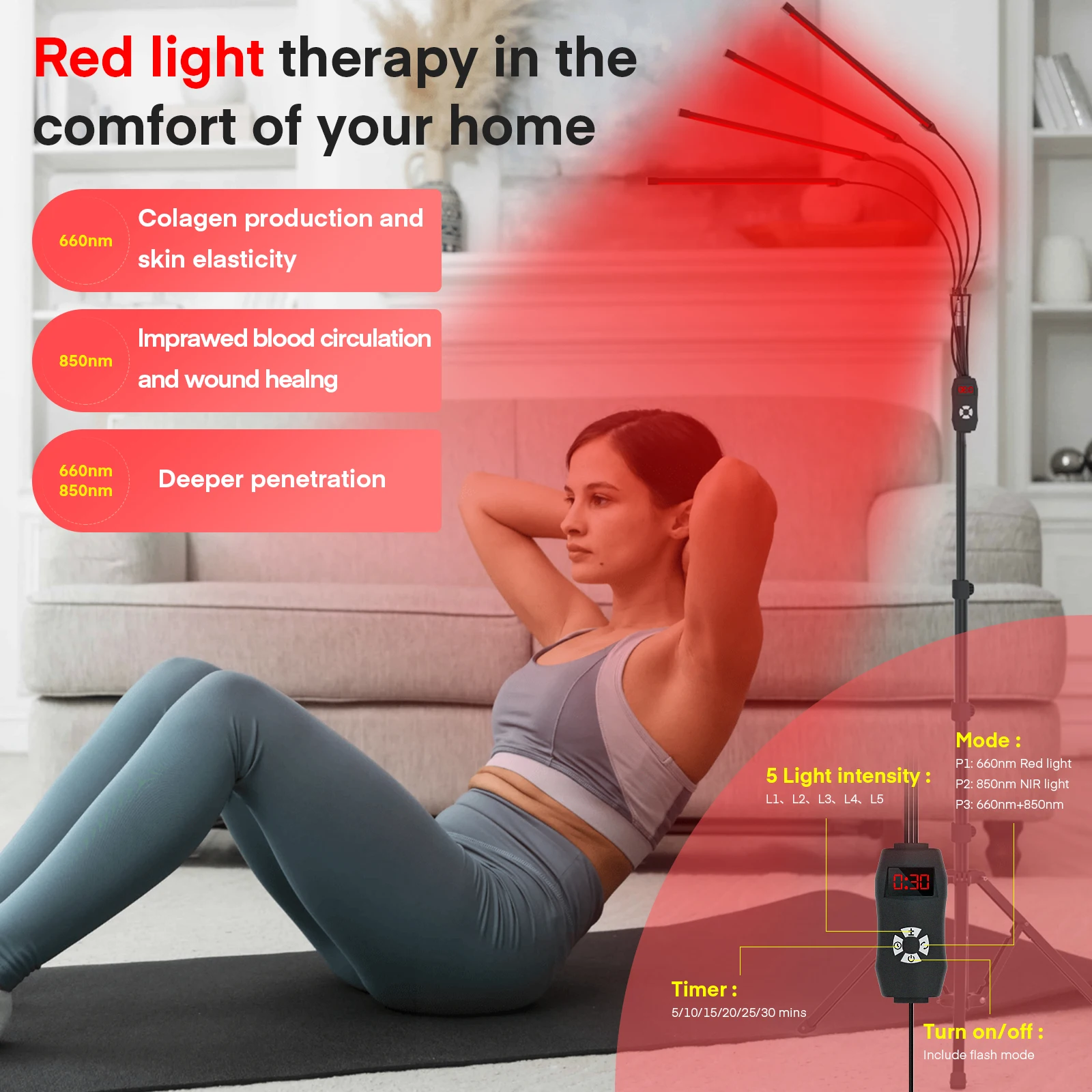 660nm 850nm Red Light Therapy Lamp For Full Body Face with Timer &Stand Infrared Light Therapy Device Reduce Stress Muscle