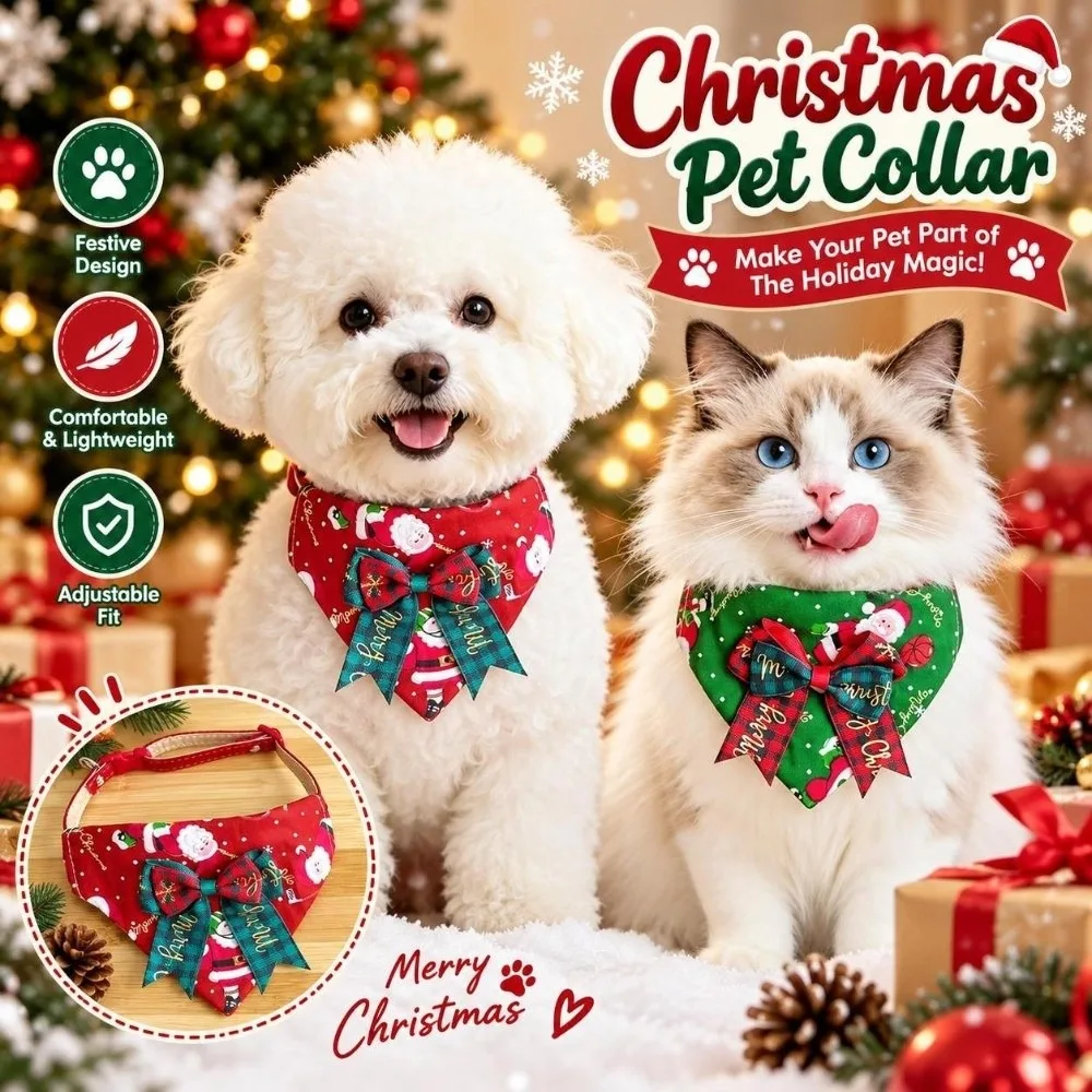 Cotton Fabric Pet Collar Bandana Bow Tie Accent Leash-Attachable Christmas Pet Collar Triangle Bandana D-Ring Attachment
