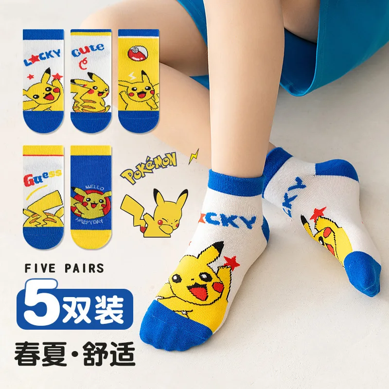 

5 Pairs of Pok é mon Pikachu Boy and Girl Socks Cute Cartoon Cotton Round Neck Socks Soft and Breathable Summer Children's Socks