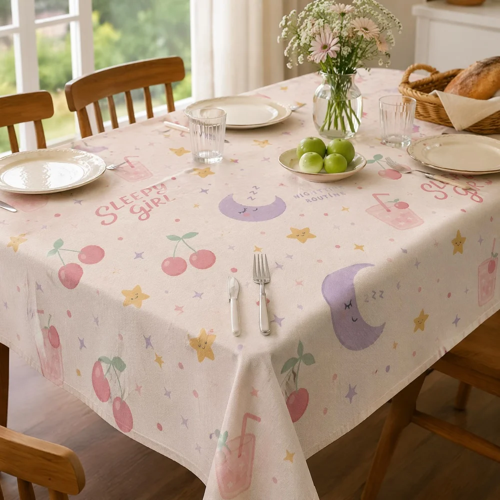 Cute Moon Star Cherry Cartoon Print Non-Waterproof Tablecloth Wrinkle Resistant Rectangular Girl Bedroom Dining Table Cover