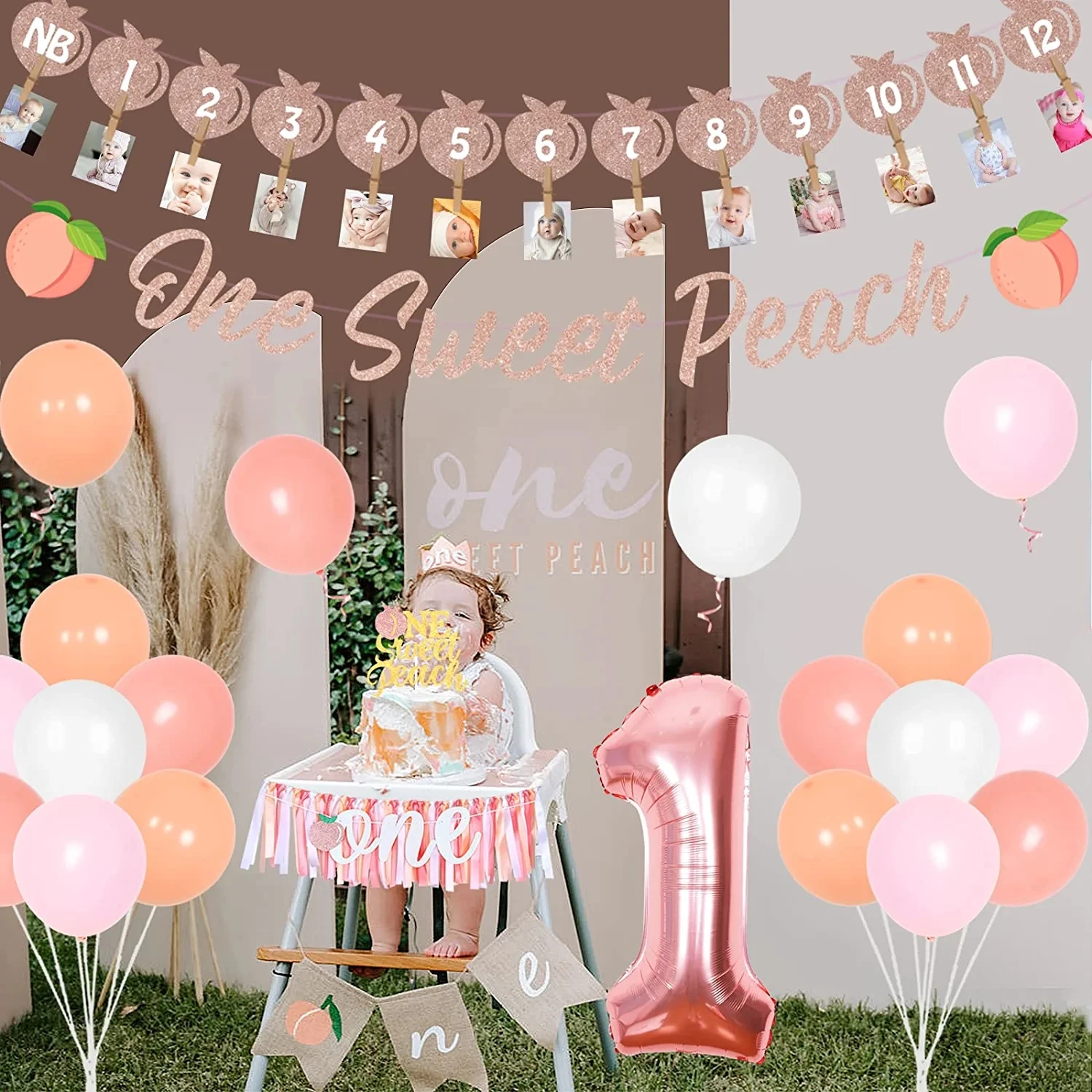 Imagem -04 - Joymemo um Doce de Pêssego 1st Birthday Decorações Balões Cor de Rosa Pêssego Foto Banner Número Balão para a Primeira Festa de Aniversário da Menina