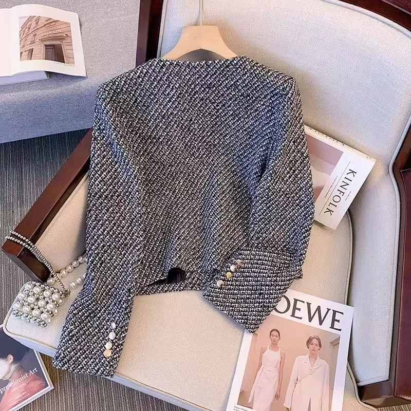 2025 Winter Vintage Tweed Jacket Small Cardigan Female Korean Short Small Fragrance Joint Elegant Woolen Coat Female