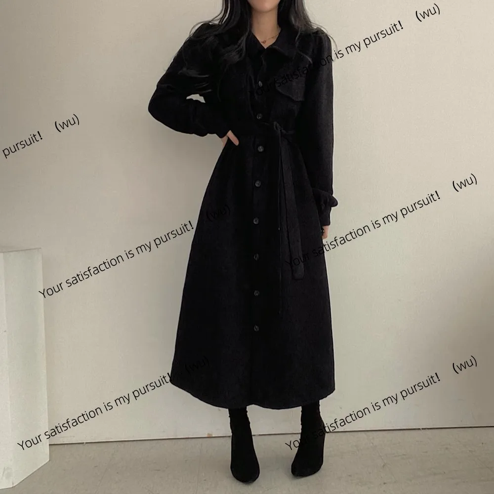 

Autumn and winter French retro lapel single-breasted strap waist long solid color corduroy dress women