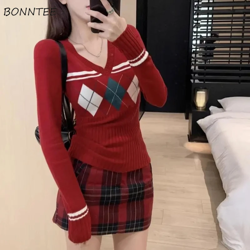 

Knitted Pullovers Women V-neck Vintage Plaid Design Slim Casual Sweaters Autumn Basic Clothing Ulzzang Aesthetic Daily Temper