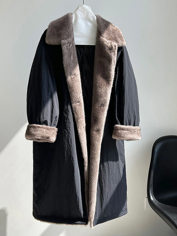 เสื้อโค้ทกันหนาว YERMORA รุ่นใหม่สำหรับผู้หญิง สีดำ แต่งขนเฟอร์เทียม ปกเสื้อแบบขนเป็ดสีขาว แขนยาว ทรงหลวม หนา อินเทรนด์