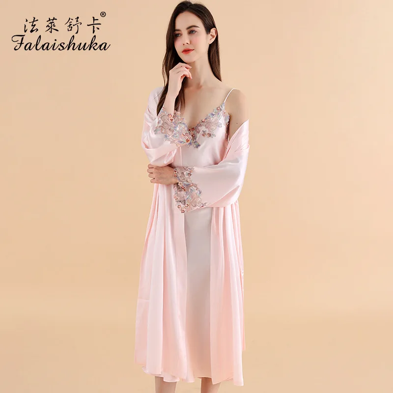 

19 momme 100% Genuine silk 2pcs robe gown sets women elegant wedding sweet nightwear Bathrobe bride Robe S5712