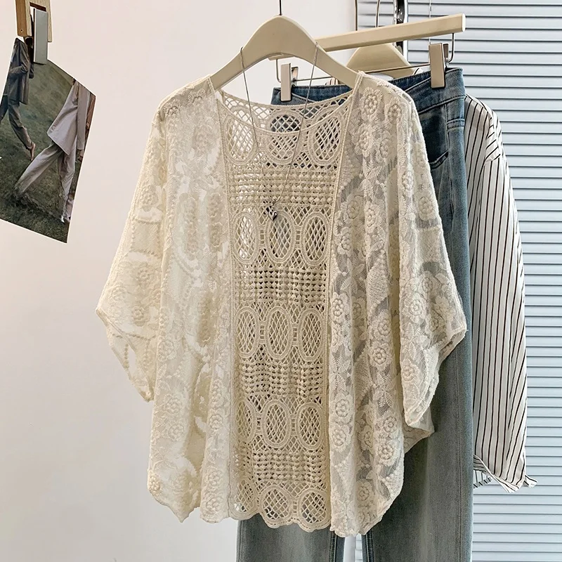

Summer New Hollow out Hook Flower T-Shirt Large Size Women's Casual Loose Age-Defying Batwing Sleeve Cover up Top