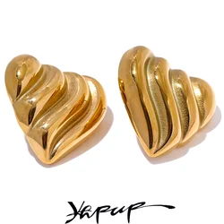 Yhpup Trendy Stainless Steel Heart Stripe Stud Earrings for Women 18K PVD Plated Metal Texture Charm Daily Jewelry Gala Gift