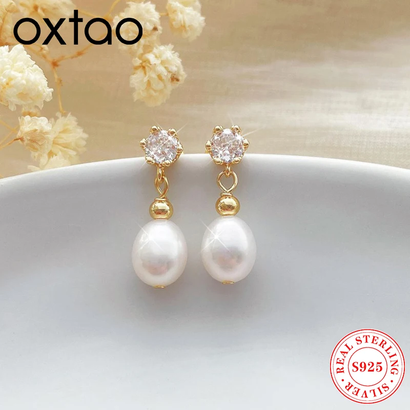 

OXTAO Luxury Water Drop Earrings Zircon for Women Original 925 Sterling Silver Freshwater Pearl Bridal Earrings Wedding Jewelry