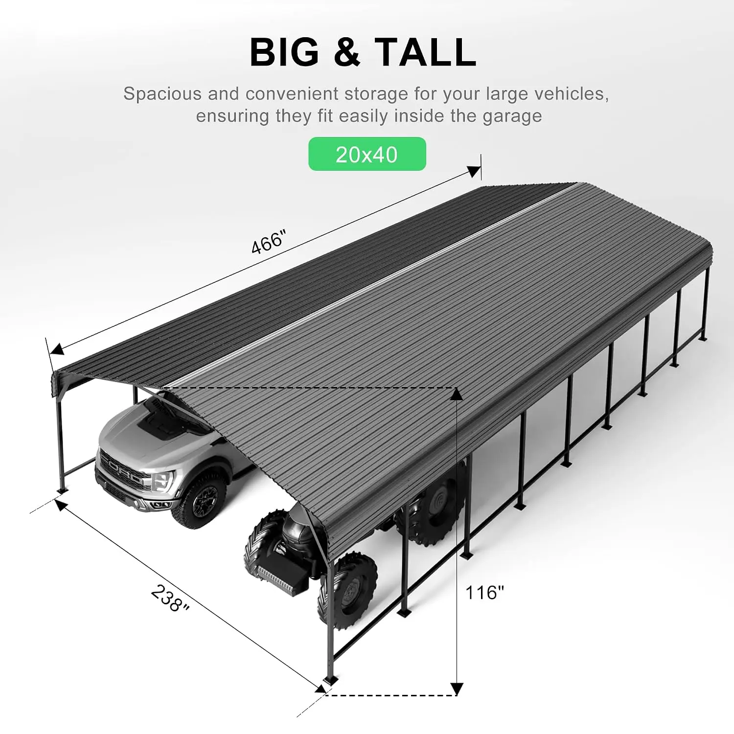 20x40 Heavy-Duty Metal Carport, Galvanized Steel Shelter for Trucks, Boats & Cars, All Weather Outdoor Cover, Customized
