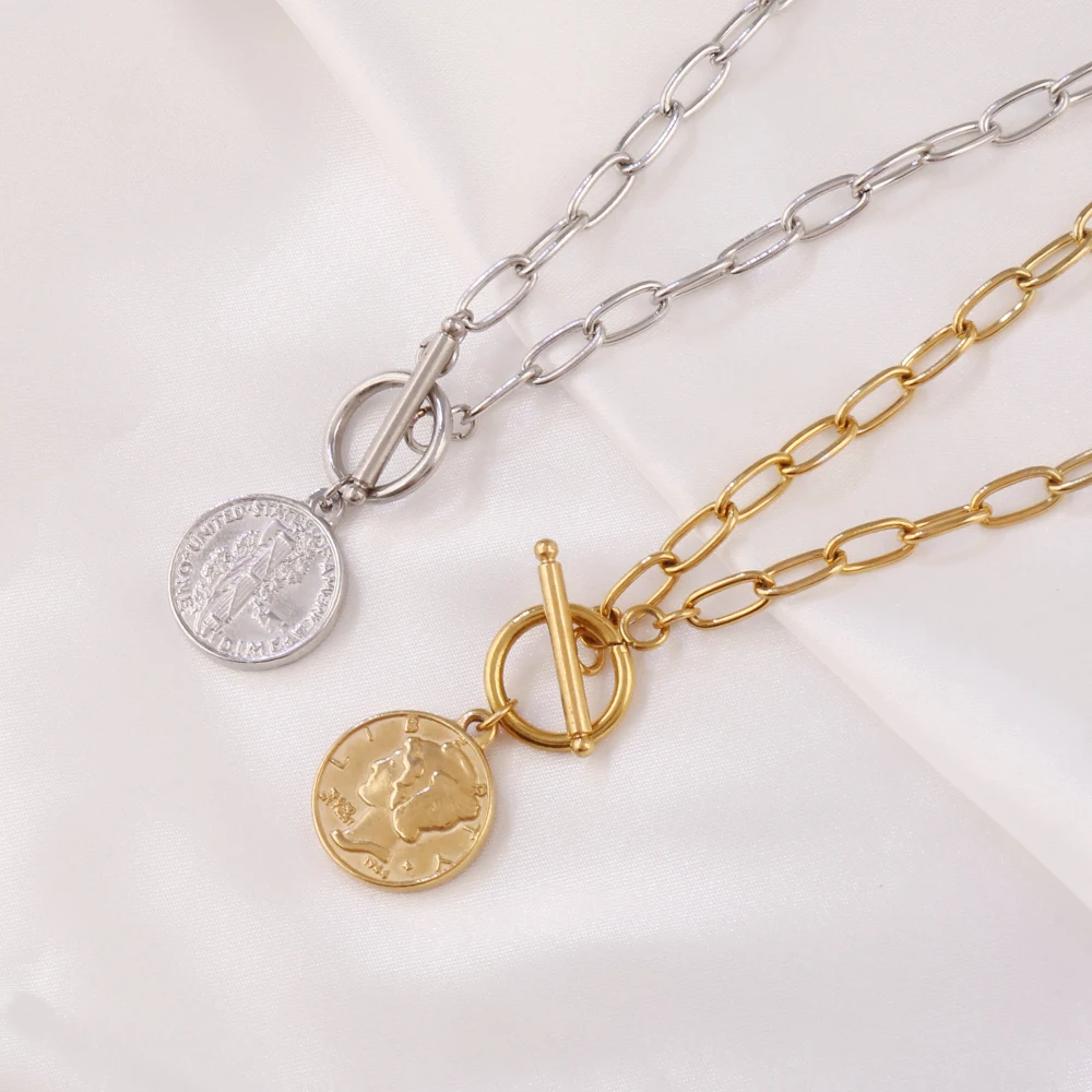 316L Stainless Steel Carved Queen Coin Pendant Necklace For Women Fashion Gold Color Chain Necklaces Jewelry