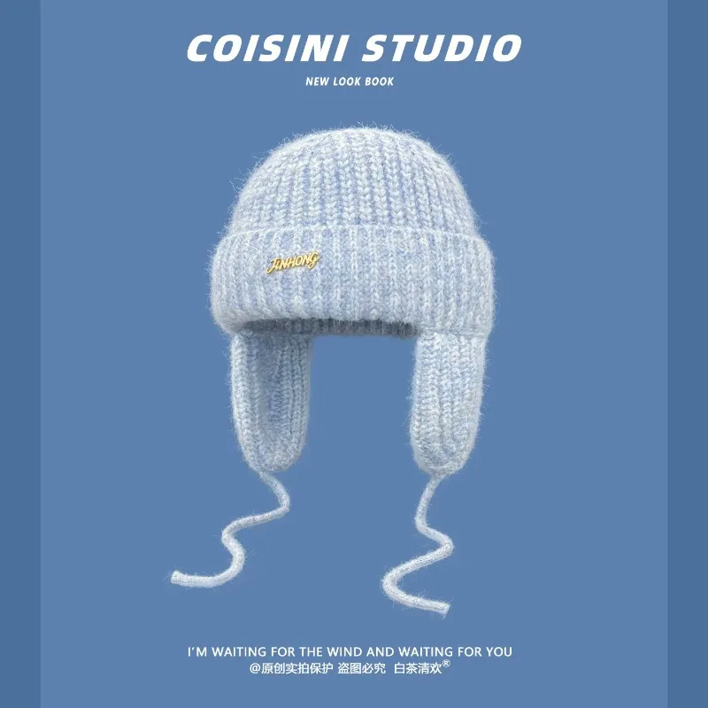 Women Fuzzy Knit Earflap Beanies with Drawstring Winter Warm Soft Knitted Hat Metal Letter Label Wind‑proof Ear Protection Cap