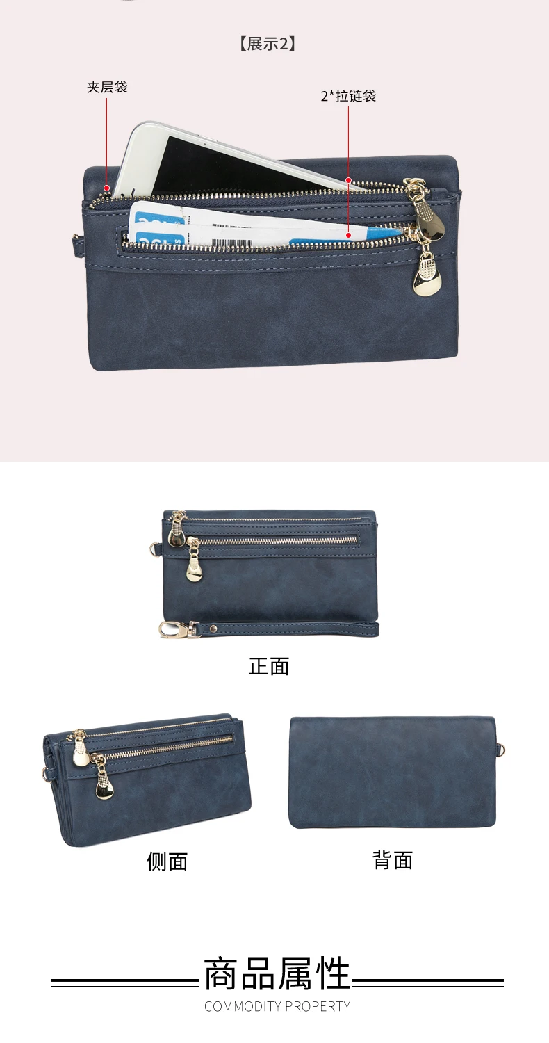 Große Damen-Geldbörse aus mattem Leder mit doppeltem Reißverschluss, Clutch-Handgelenktasche, Handy-, Münz- und Kartenhalter, Multi-Pocket-Geldbörse – Detail 2