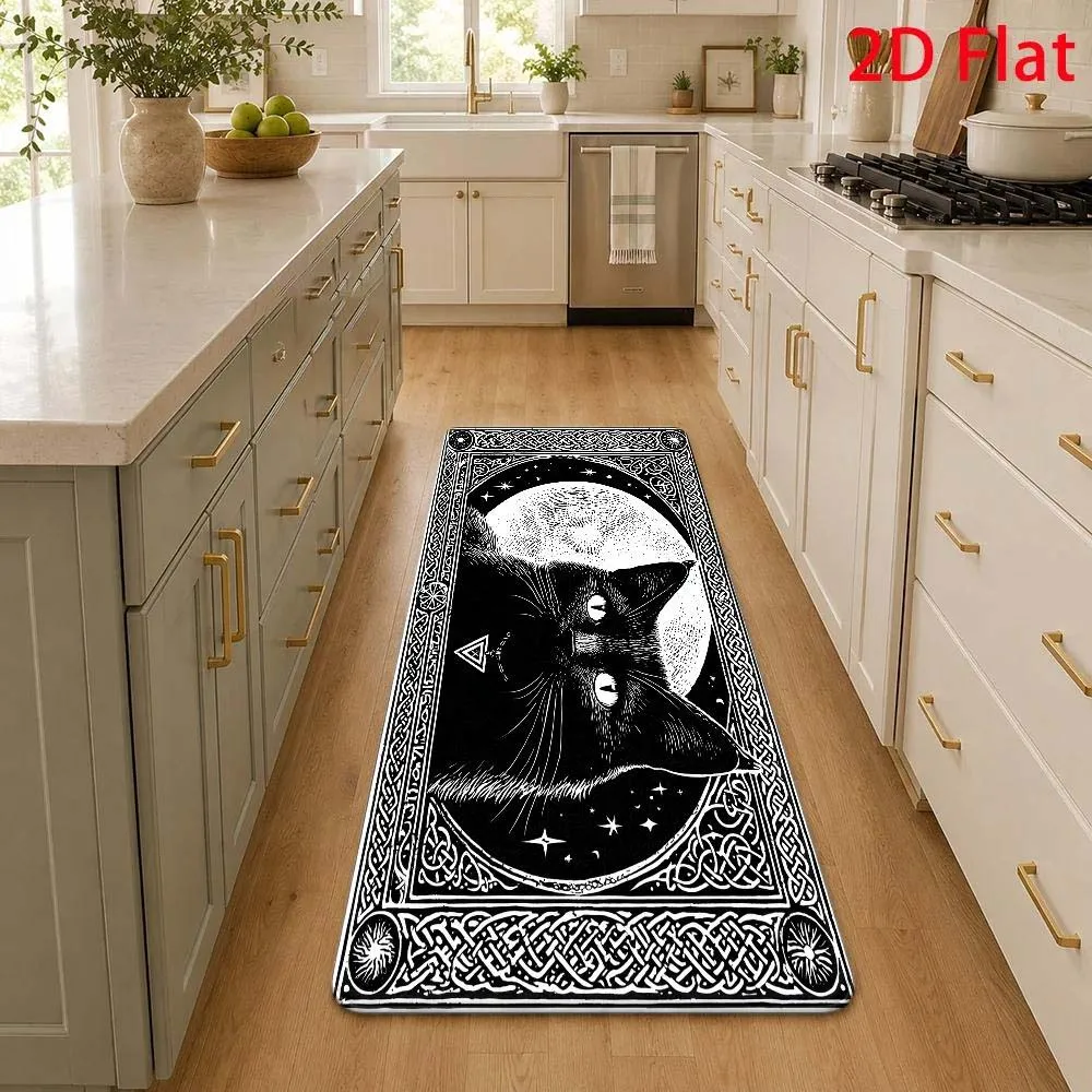 Witchy Black Cat Doormat Runner Rug Moon 1/2/3pc Set 2D Flat Home Decor Hallway Laundry Bedroom Living Room Kitchen Welcome