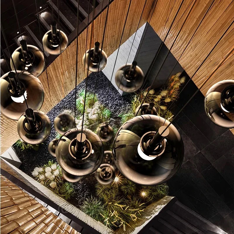 

Nordic Black sphere glass Spherical chandelier Large stairwell Decoration Height adjustable Home interior lighting