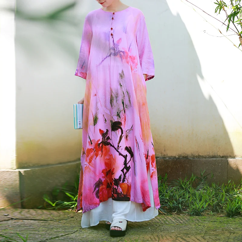 LZJN-Chinese Style Cotton Linen Dress for Women, Loose Sleeve, Printed Skirt, Retro National Wind, Long Dress, Spring and Summer