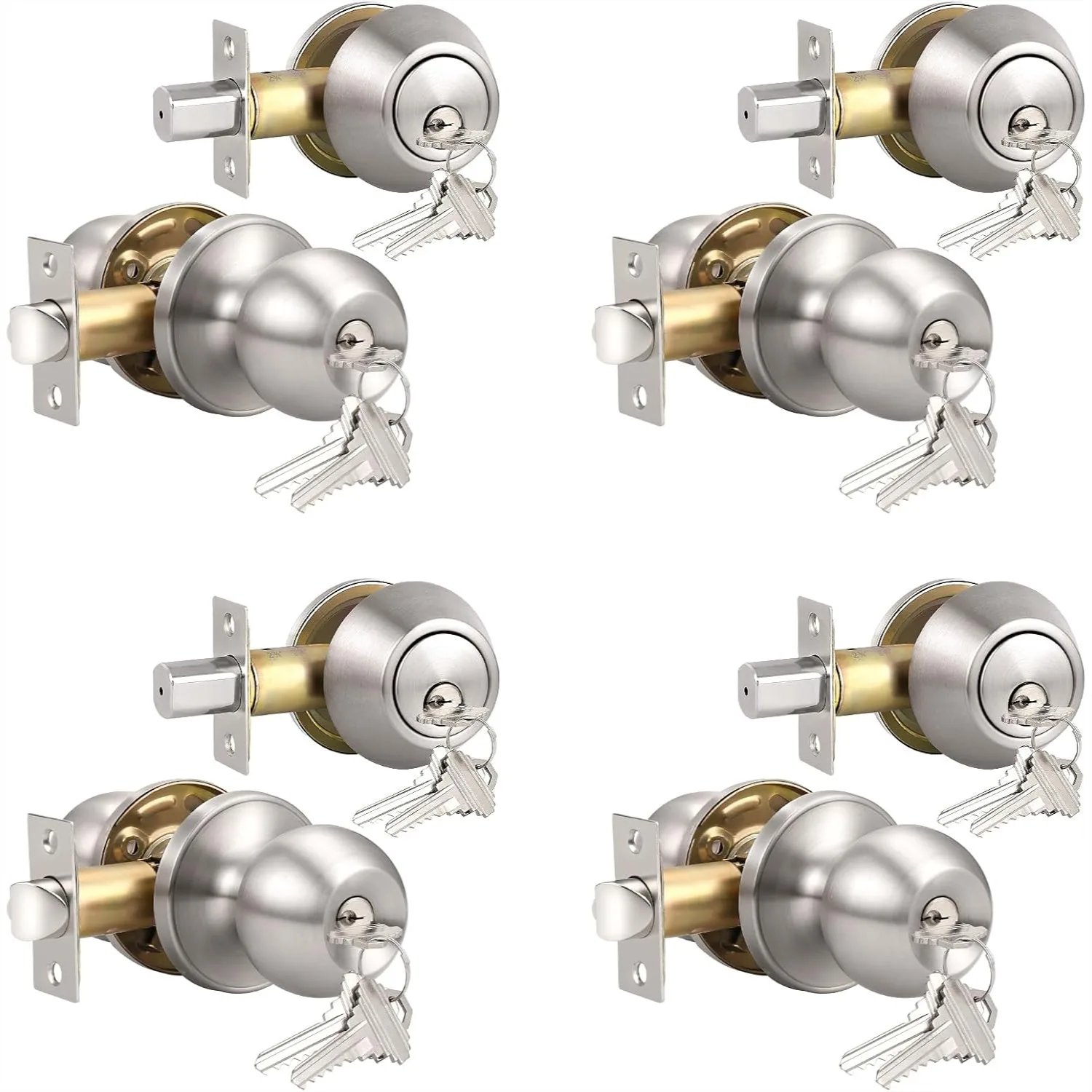 

Keyed Alike Exterior Door Knobs with One Sided Deadbolt, Stainless Steel Satin Nickel Round Lock Set for Outdoor Security, 4