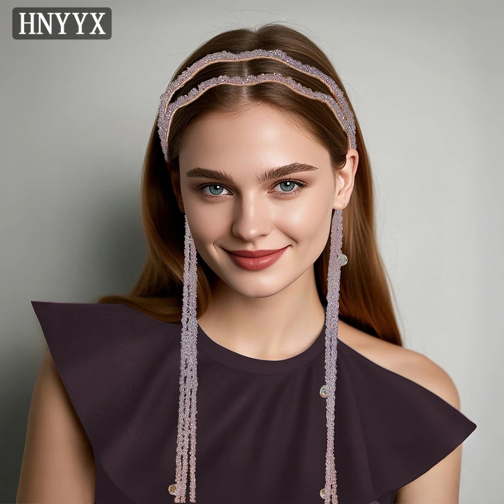 HNYYX Sparkling Crystal Long Fringe Girls Hair Accessory Wave Rhinestone Double Row Headband Fashion Party Bridal Head Hoop A176